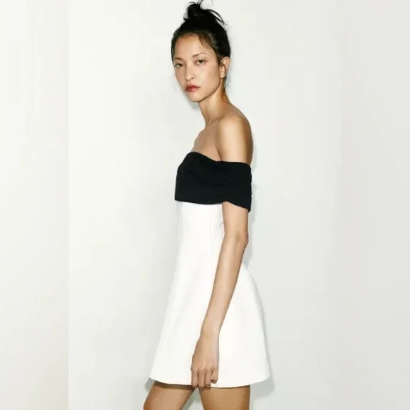 Zara Elegant Off-Shoulder Black and White Dress - Picture 4 of 5